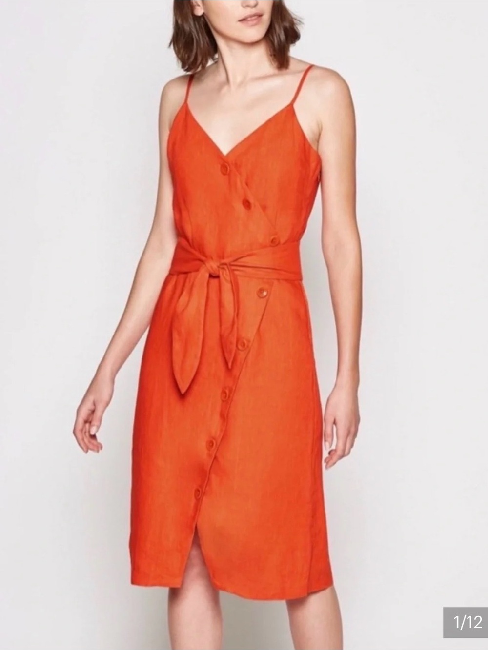 Joie Carnell Women’s M Orange Linen Cotton Sheath Midi Dress V-Neck Button Tie